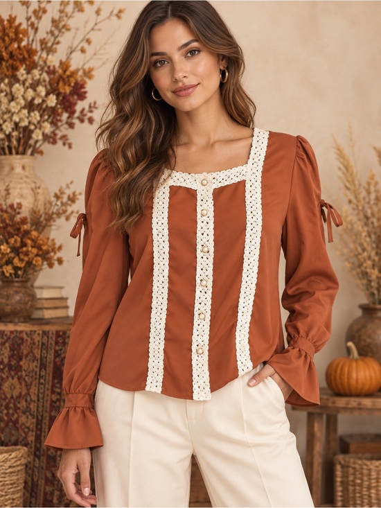 By malene beauty Tops - By Malene Beauty Rust Boho Crochet Trim Pearl Button Blouse